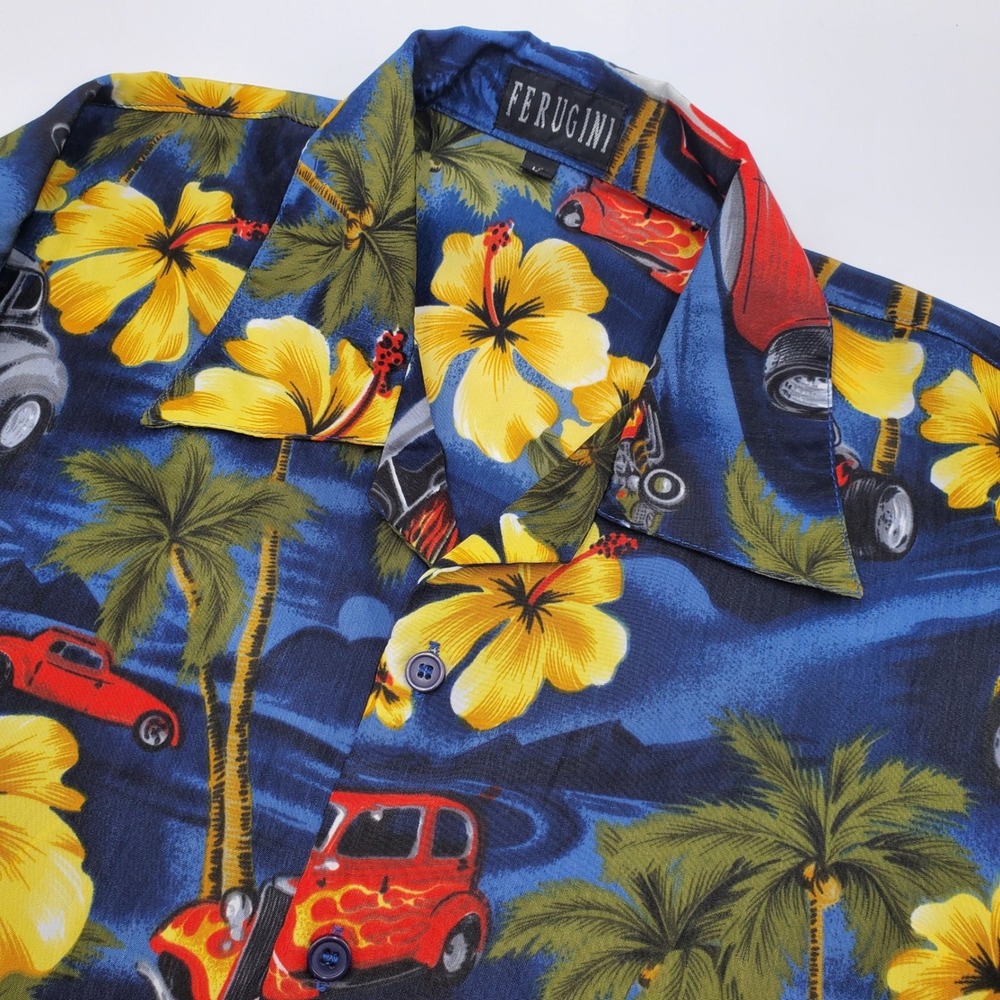 Ferugini Mens Hot Rod Classic Car Tropical Hawaiian Shirt Blue Large Flame Print